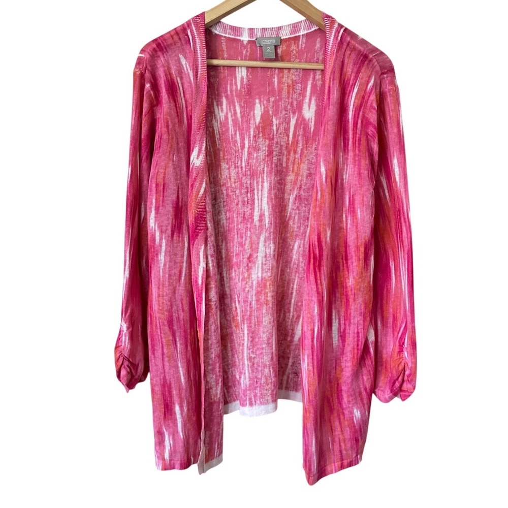 Chicos Pink Tropical Ikat Linen Blend Open Front Cardigan Ruched Sleeve Size 2
